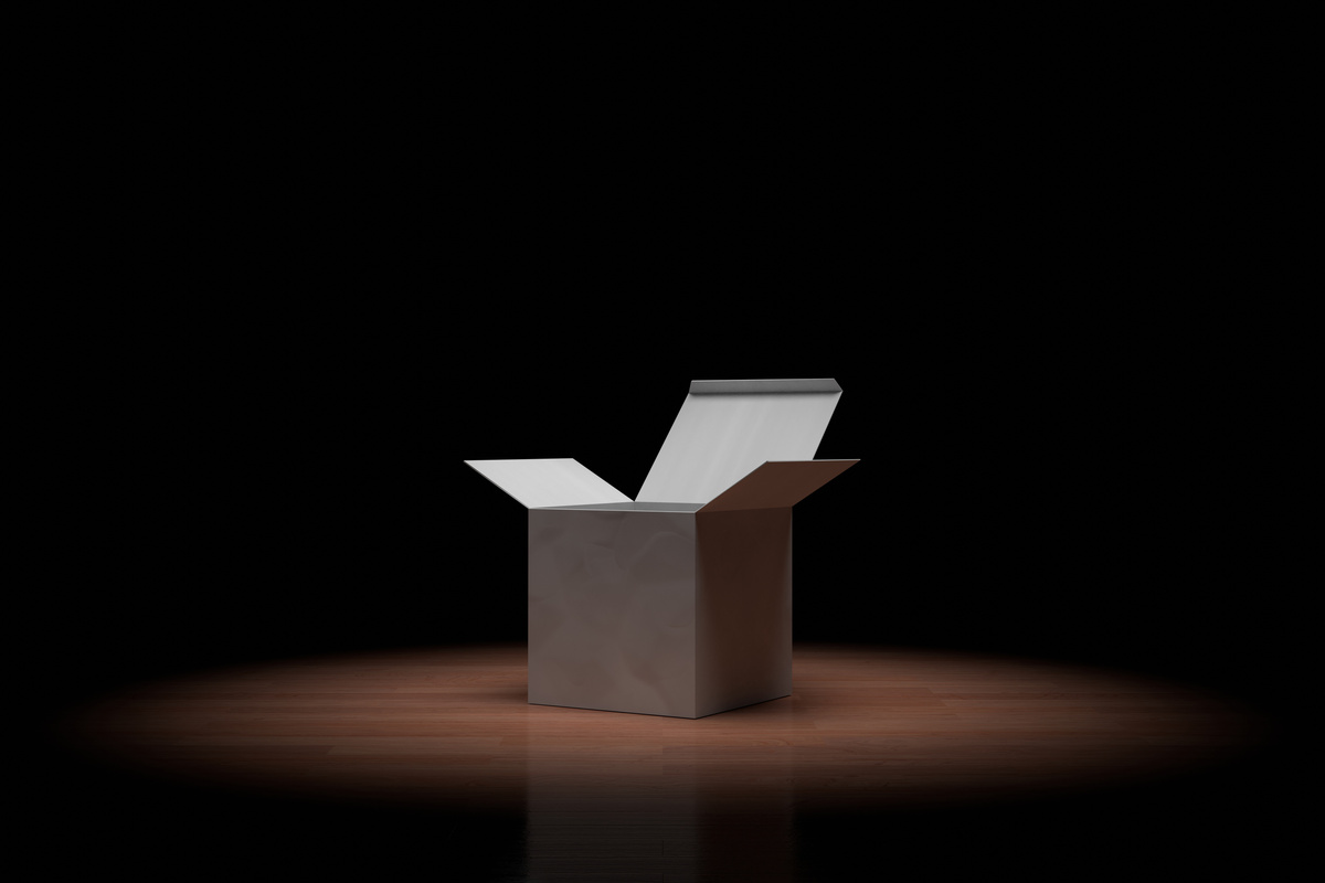 Opened box on the floor with flare light. 3D rendering.